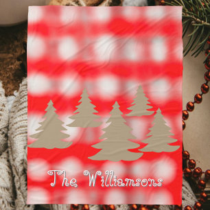 Script name cute tartan red white gold trees fleece blanket
