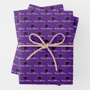 Script Name Graduation Cap Class Year Purple Wrapping Paper Sheet