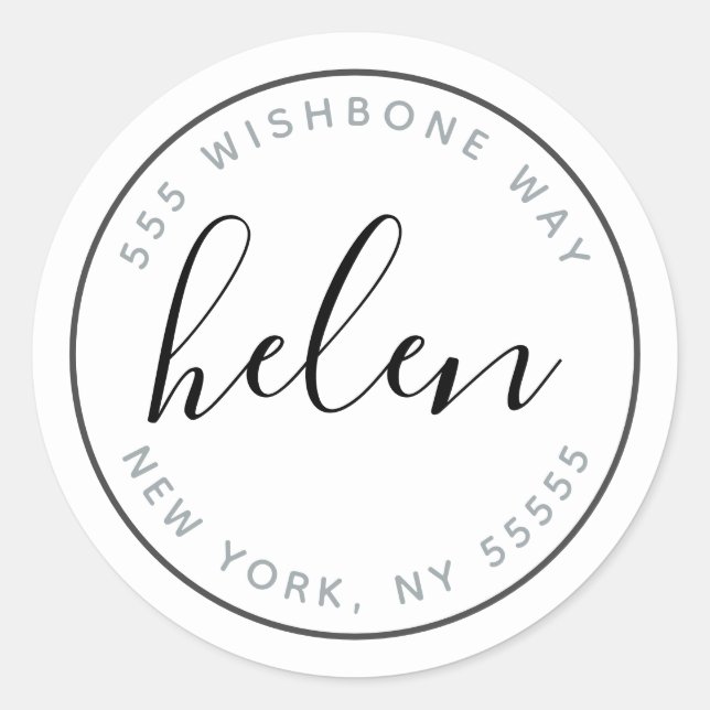 Script Name Modern Personalised Address in Black Classic Round Sticker (Front)