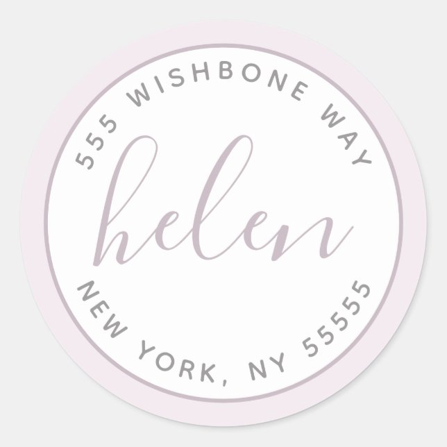 Script Name Modern Personalised Address in Purple Classic Round Sticker (Front)