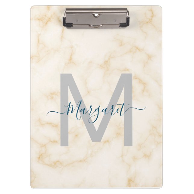 Script Name Monogram Gold White Marble Clipboard (Front)