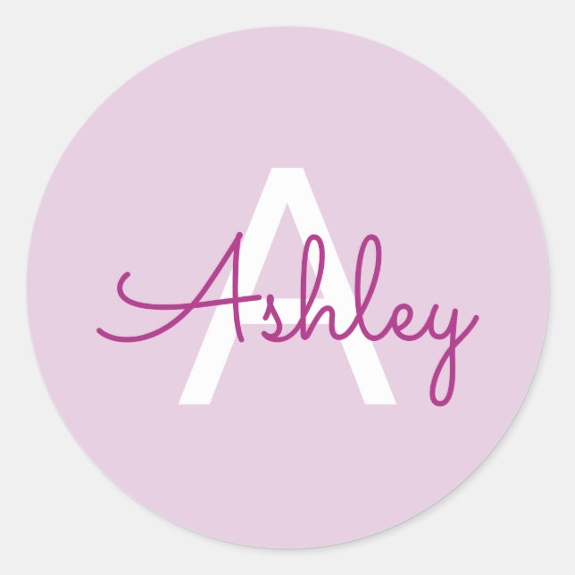 Script Name & Monogram | Magenta & Light Purple Classic Round Sticker (Front)