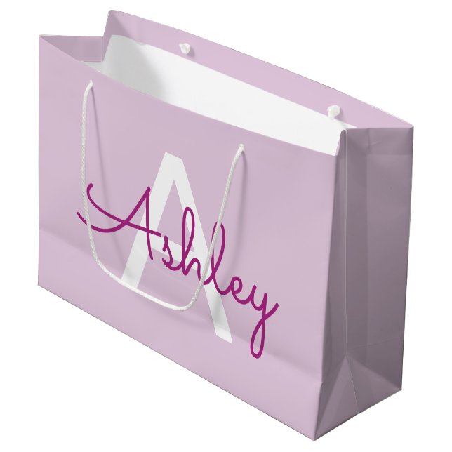 Script Name & Monogram | Magenta & Light Purple Large Gift Bag (Front Angled)