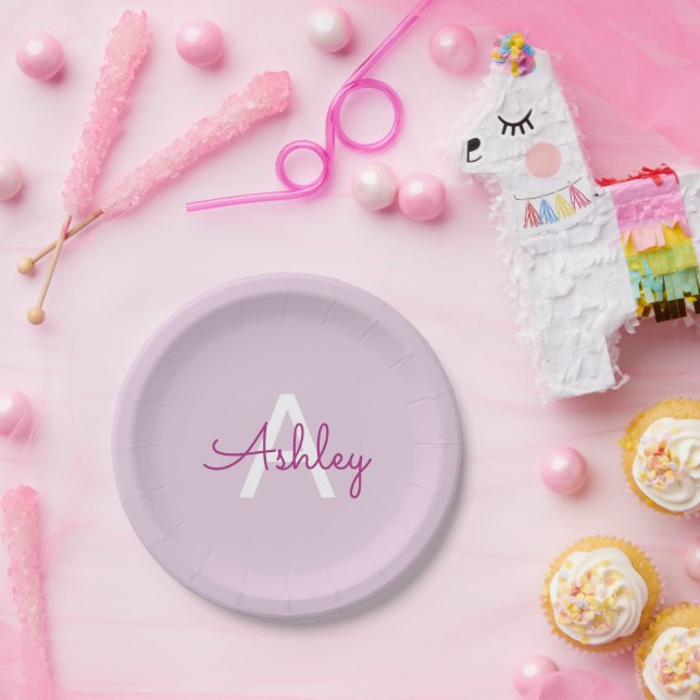 Script Name & Monogram | Magenta & Light Purple Paper Plate (Party)