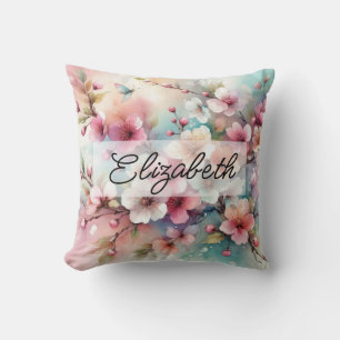 Script name on vintage watercolor pink flowers  cushion