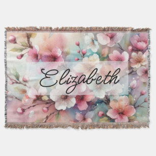 Script name on vintage watercolor pink flowers throw blanket