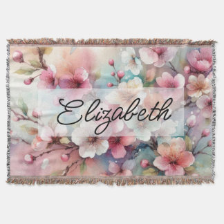 Script name on vintage watercolor pink flowers throw blanket