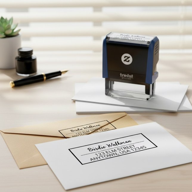 Script Name & Return Address Stamp With Border (elegant personal stationery stamp, script name stamp with border, simple typography address stamp)