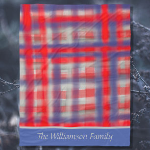 Script name tartan red blue grey modern watercolor fleece blanket