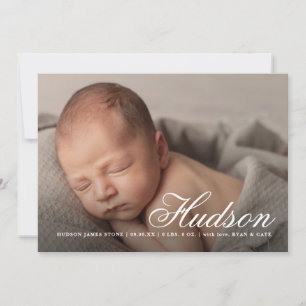Script name three photo modern birth announcement