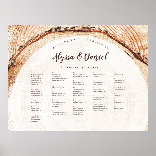 Script Names Rustic Wedding Tree rings seating Poster (Front)