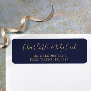 Script Navy Blue And Gold Wedding Return Address