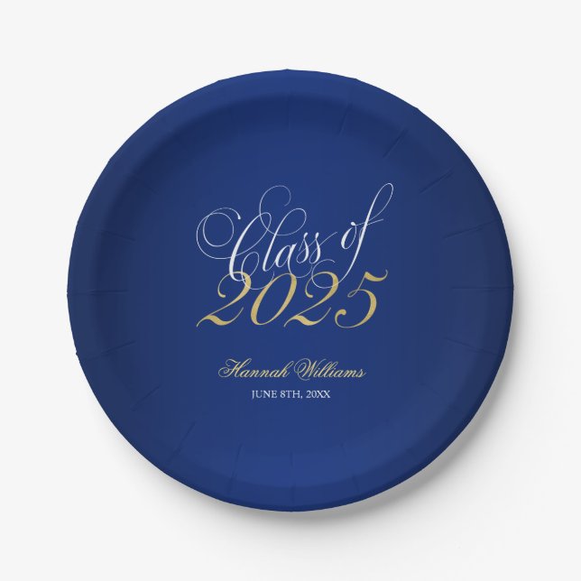 Script Navy Blue Faux Gold 2025 Graduation Party Paper Plate (Front)