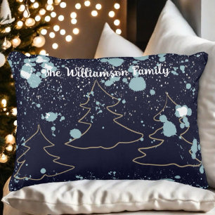 Script navy gold cute trees snow farmhouse lake  decorative cushion