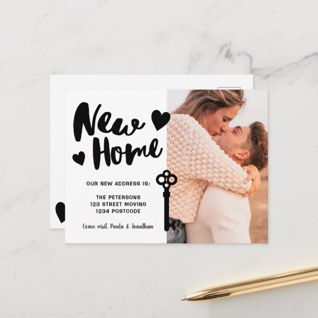 Script New Home photo key moving announcement Postcard (Front/Back In Situ)