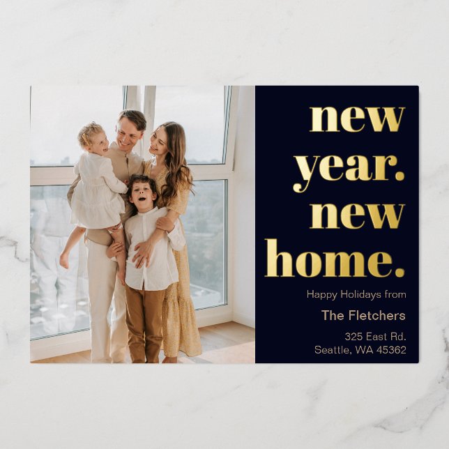Script New Year New Home Holidays Photo Moving Foil Holiday Card (Front)