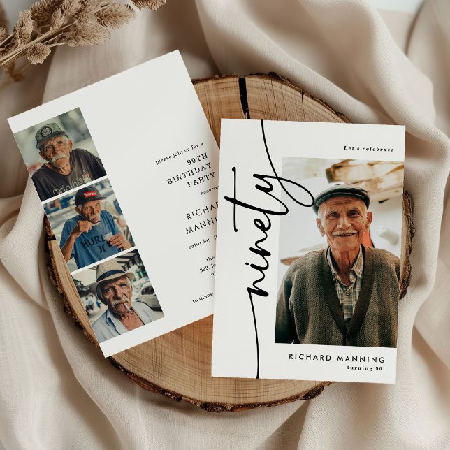 Script Ninety 4 Photo Collage 90th Birthday Invitation (Creator Uploaded)