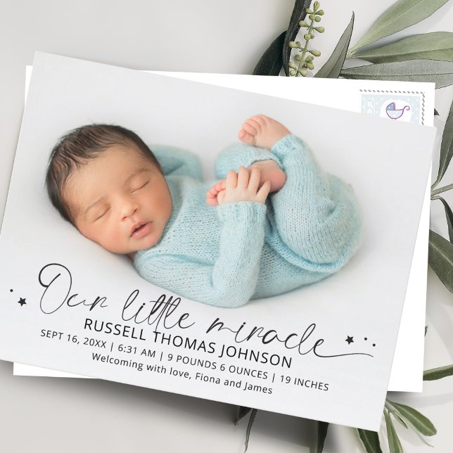 Script Our Little Miracle 2 Photos Birth Announcement Postcard (Creator Uploaded)