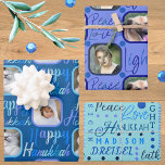 Script Pattern Blue On Blue 4 Photo Hanukkah Wrapping Paper Sheet<br><div class="desc">Create your own personalised wrapping paper for Hanukkah with this script typography in blue on blue, three fun patterns and your photos highlighted as part of the design. This blue on blue custom Hanukkah wrapping paper is easy to personalise for one of a kind Chanukah gift wrap in a three...</div>