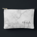 Script Personalised Bridesmaid Monogram Name Accessory Pouch<br><div class="desc">Add a personal touch to your wedding with personalised bridesmaid gift. This design features personalised bridesmaid's name in grey modern script font style and monogram in light grey modern script font style as background with title in grey modern sans serif font style on white marble background. Also perfect for maid...</div>