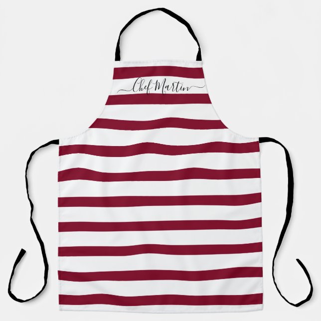 Script Personalised Burgundy Stripes Apron (Front)