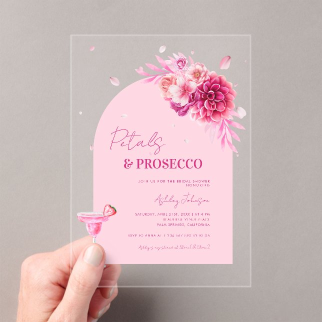 Script Petals & Prosecco Pink Floral Bridal Shower Acrylic Invitations (Insitu (Handheld))