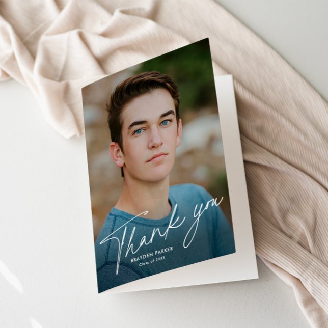 Script Photo Graduation Thank You Card (Modern Script Graduation Photo Folded Thank You Card.)