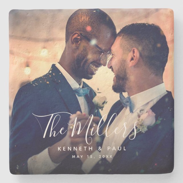 Script Photo Newlyweds Wedding Stone Coaster (Front)