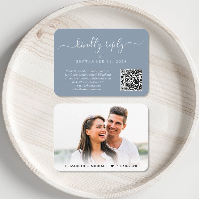 Script Photo QR Code Dusty Blue Wedding RSVP Enclosure Card (Our user-friendly template will generate your QR code automatically from your website address)