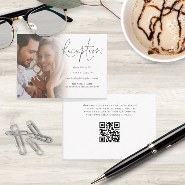 Script Photo QR Code Wedding Reception Enclosure Card (Front and back view. )