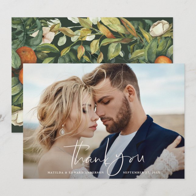 Script photo wedding thank you citrus botanical card (Front/Back)