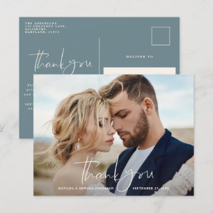 Script photo wedding thank you modern minimal blue announcement postcard