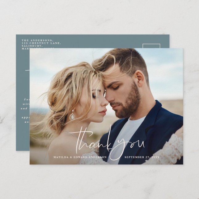 Script photo wedding thank you modern minimal blue announcement postcard (Front/Back)
