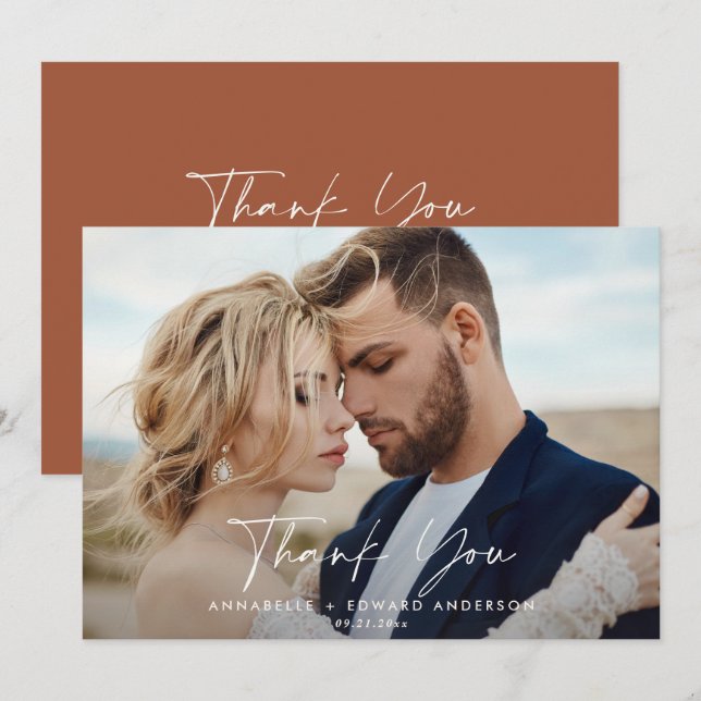 Script photo wedding thank you teracotta modern card (Front/Back)