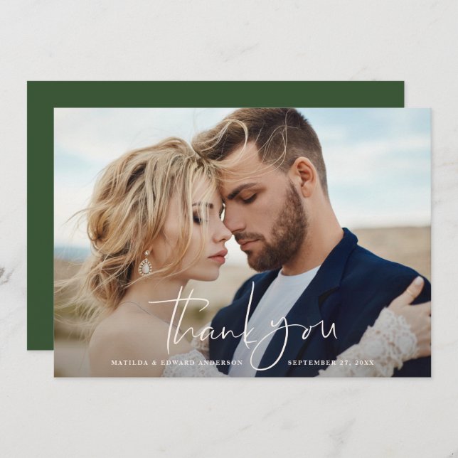 Script photo wedding thankyou modern minimal green thank you card (Front/Back)