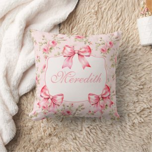 Script Pink Roses Bow Coquette Cushion
