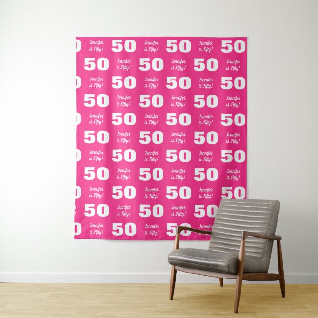 Script Pink White 50th Birthday Party Step Repeat Tapestry (In Situ)