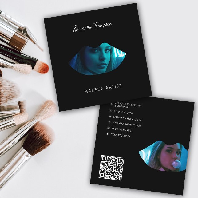Script Professional Makeup Artist 2 Photo Lips Square Business Card (Script Professional Makeup Artist 2 Photo Lips Square Business Card)