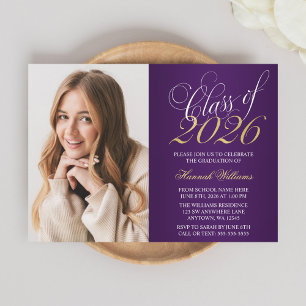 Script Purple Gold Photo Graduation Announcement