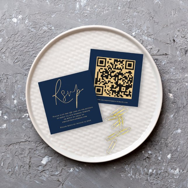 Script QR Code Wedding Gold Navy Blue RSVP Enclosure Card (Creator Uploaded)