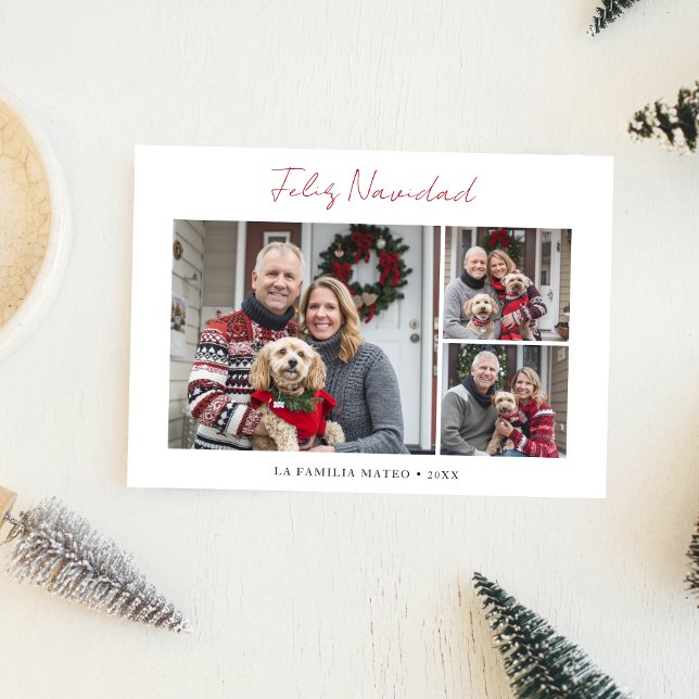 Script Red Feliz Navidad 3 Photo Spanish Christmas Holiday Card (Creator Uploaded)