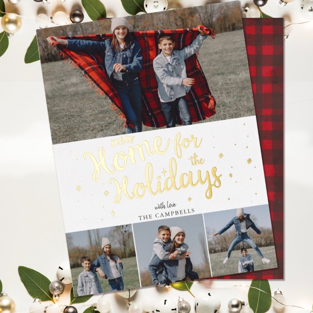Script Red Plaid New Home for Holidays Photo Foil Holiday Card (Creator Uploaded)