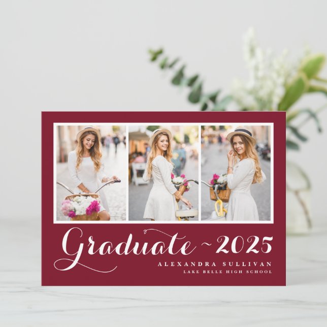 Script Red Three Photo Collage Graduation Invitation (Standing Front)