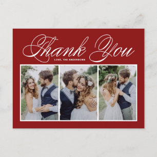 Script Red Three Photo Collage Wedding Thank You Postcard