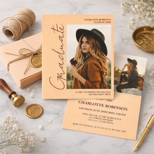 Script retro Light Peach graduate photo graduation Invitation (Creator Uploaded)