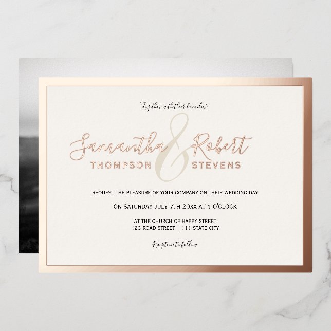 Script rose gold border photo wedding (Front/Back)