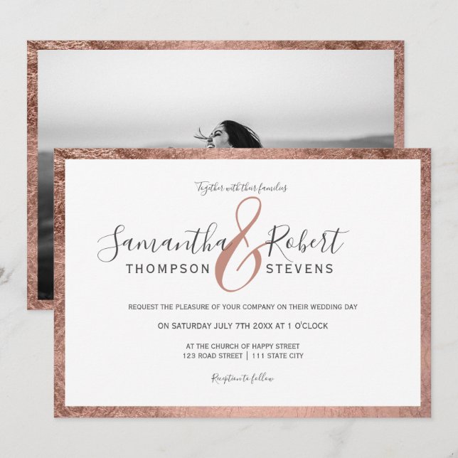 Script rose gold border white photo wedding invitation (Front/Back)