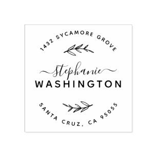 Script & Rustic Branches Full Name Return Address Rubber Stamp