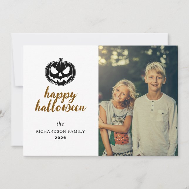 Script Rustic Jack-O'-Lantern Halloween 1 Photo Holiday Card (Front)