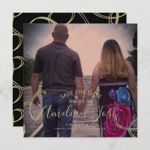 Script Save the Date Photo Faux Swirl Black Gold Card